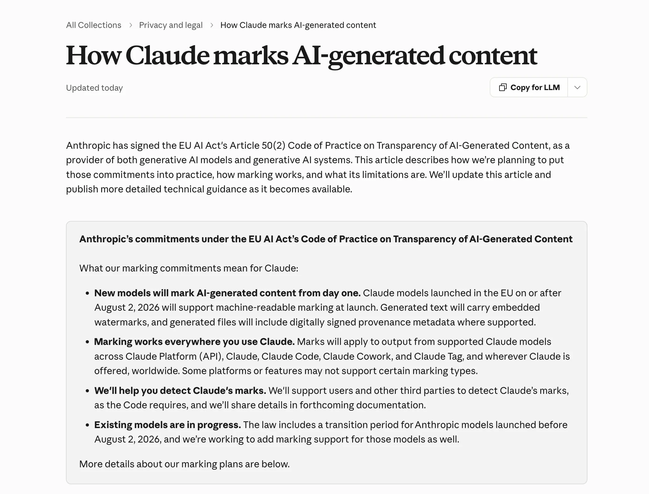 Anthropic help article: How Claude marks AI-generated content